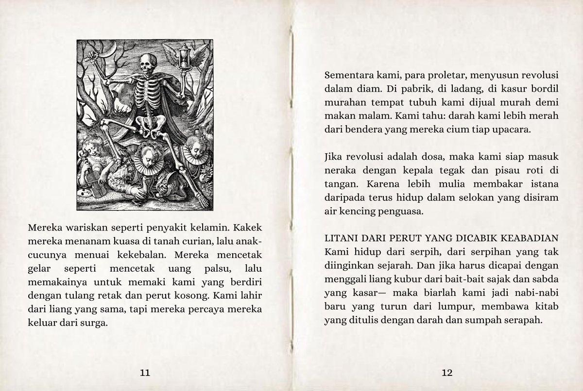 sindhukara's tweet photo. ️
 ️️️
 ️️️

MASIH ada halaman keenam; Di setiap sesajen yang dikirim ke laut, kami titipkan halaman terkutuk ini dari ladang yang dijarah. Jangan sampai ditemukan ayam berkokok yang menyelinap di antara tembang macapat dan mantra nenek kami
 ️️️
 ️️️

️️
️️ https://t.co/9xNd28Vvlz