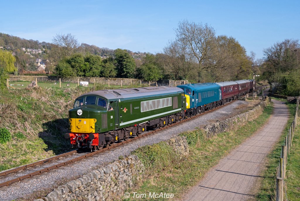 McateeTom's tweet image. Twin Peaks - 44008 'Penyghent' 44004 ‘Great Gable’ pass Darley Dale with the 16:55 Matlock to Rowsley service yesterday evening in some fine Spring sunshine. 11th April 2025. 📸☀️ @peakrail1 

⭐️ Gift Store ⬇️🏞️🚂 
railwayartprintshop.etsy.com

#class44 #sulzer #britishrail #brblue