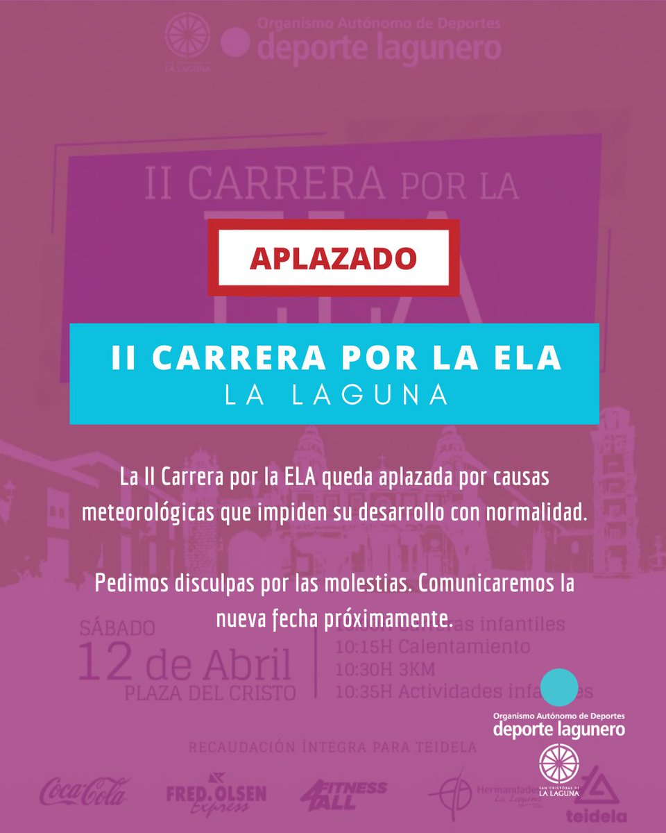 Deportes_LL's tweet photo. ⚠️ Aplazamiento de la II Carrera por la ELA ⚠️

Desde el Organismo Autónomo de Deportes de La Laguna informamos que, debido a causas meteorológicas que impiden el desarrollo normal de la prueba, la II Carrera por la ELA queda aplazada. https://t.co/5uEvXJSMu8