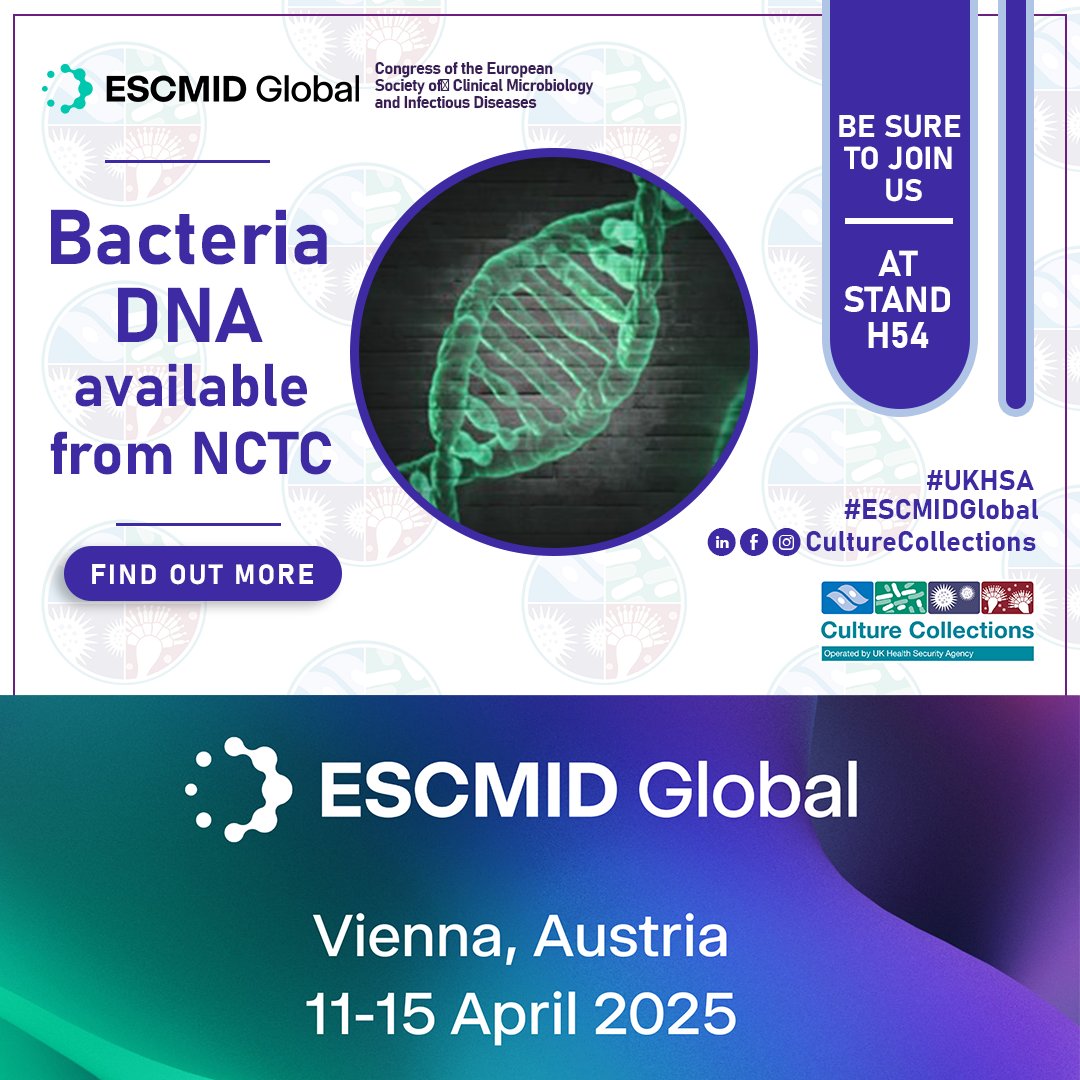 Explore Bacteria DNA available from NCTC. culturecollections.org.uk/bacteriadna Be sure to join us at ESCMID 2025 in Vienna, Austria, April 11ᵗʰ – April 15ᵗʰ. We look forward to seeing you there! #ESCMIDGlobal #UKHSA #CultureCollections