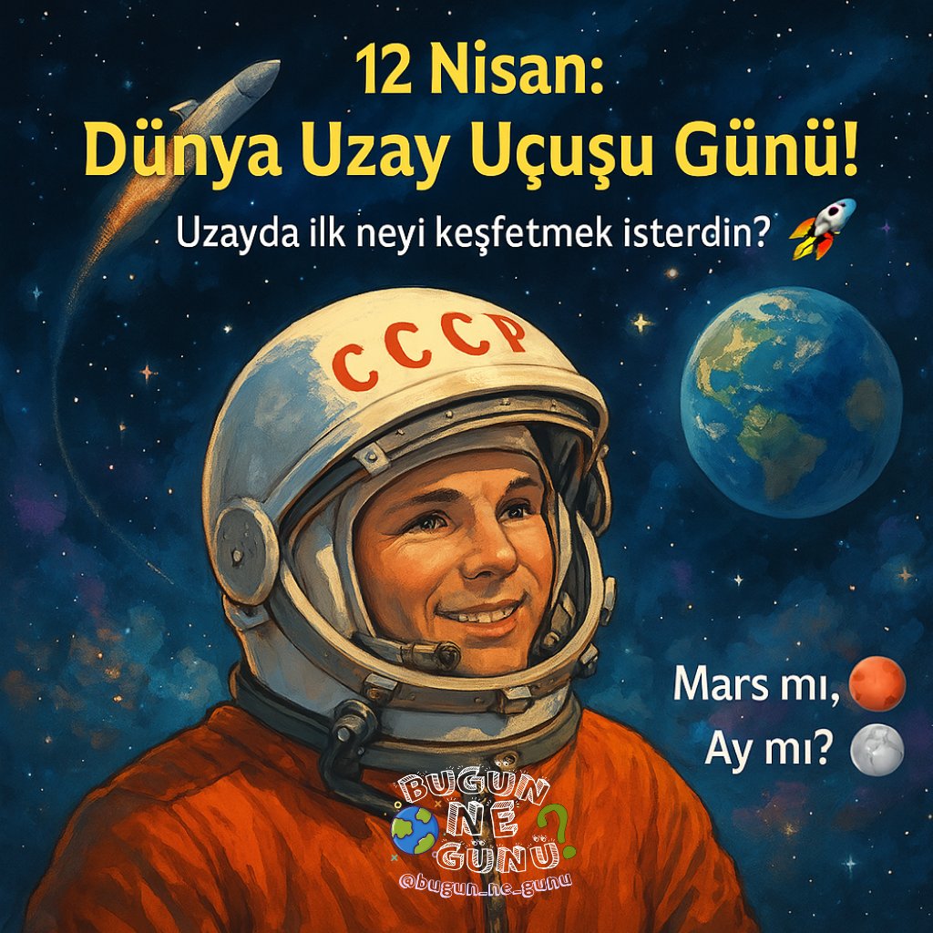 🚀12 Nisan Dünya Uzay Uçuşu Günü!  🌚Yuri Gagarin’in uzaya çıkışının yıldönümünde senin hayalin ne? Mars’ta bir selfie mi, yoksa Ay’da yürüyüş mü? Yorumlarda bize anlat, uzay maceranı hayal edelim! 🛸 #DünyaUzayUçuşuGünü #UzayHayalleri
#bugünnegünü