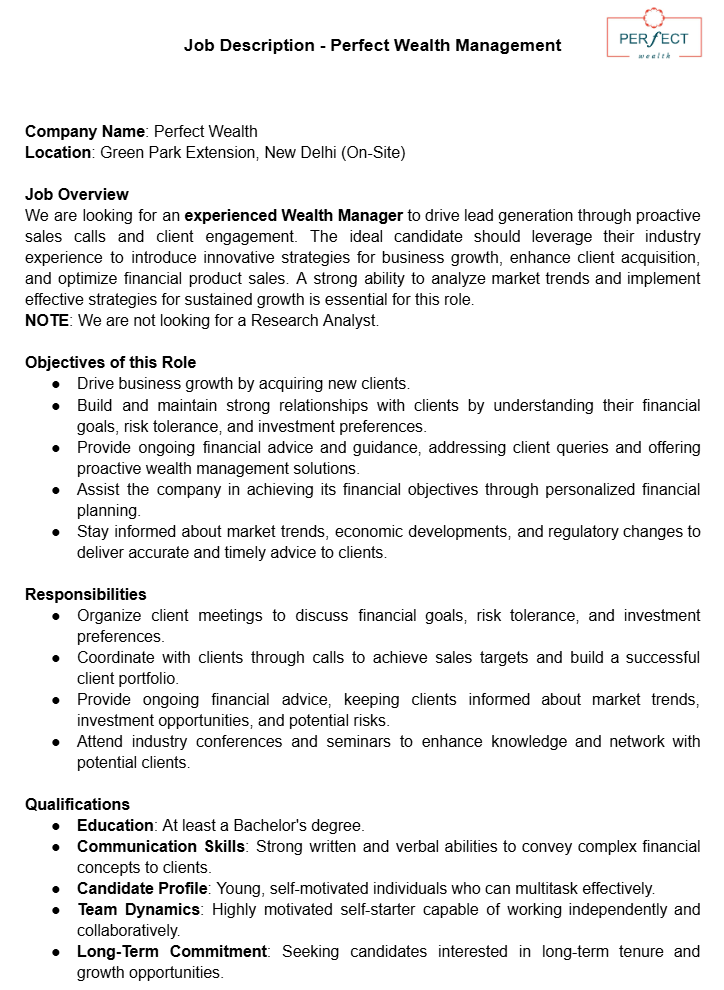 ashishkila's tweet photo. Join our dynamic team at @PerfectWealth_ and guide clients towards achieving their financial aspirations. 

If you're passionate about wealth management and eager to grow, apply now.

For more details, check the Job Description and apply through the Google Form here: https://t.co/zm80wC4112