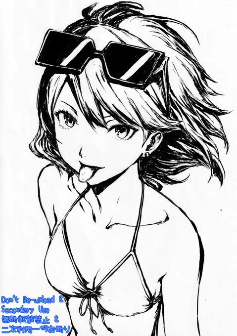なるほど…思いついて完成状態からスキャンの筆ペン画レイヤーだけ抜いてみた状態が貴殿のラフみたいで この状態をラフで色を置いて作れるようになり線画を少なくすれば指ibisで描けるかも? でもスキャンの線画抽出の濃淡をバケツ塗りの縁に利用するレベルなのでまだまだ修行あるのみですが