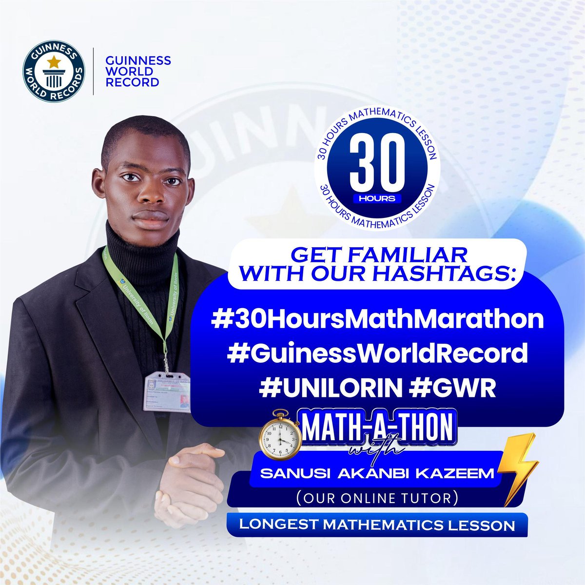 SIR_D3NnIS's tweet photo. A 400-level student from the Department of Mathematics, Faculty of Physical Sciences @UnilorinNGR, who's about to make history πβ¨On the verge of breaking the Guinness World Record for the longest mathematics learning session, 30 hours of pure brainpower! π§
#30HoursMathMarathon https://t.co/JuuzyfAex1