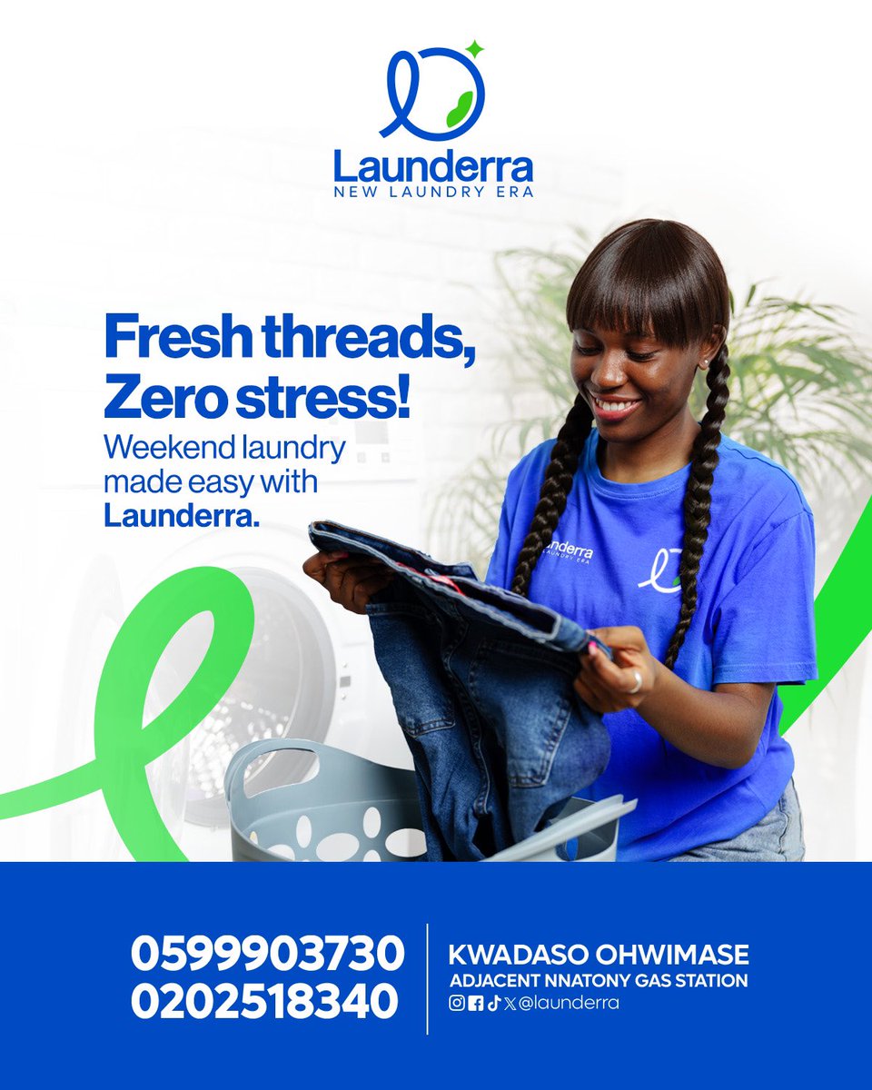 launderra's tweet photo. Welcome to the New Laundry Era
Effortless Laundry Anytime Anywhere
Fresh, clean &amp; stress-free — that's
the Launderra way!
Visit us today &amp; let's handle the dirty work for you!
DRY ERA
📍Kwadaso Ohwimase (Adj. Nnatony
Gas)
☎️0599903730 / 0202518340
 SCHEDULE A FREE PICKUP NOW! https://t.co/Cm7kjrMV3C