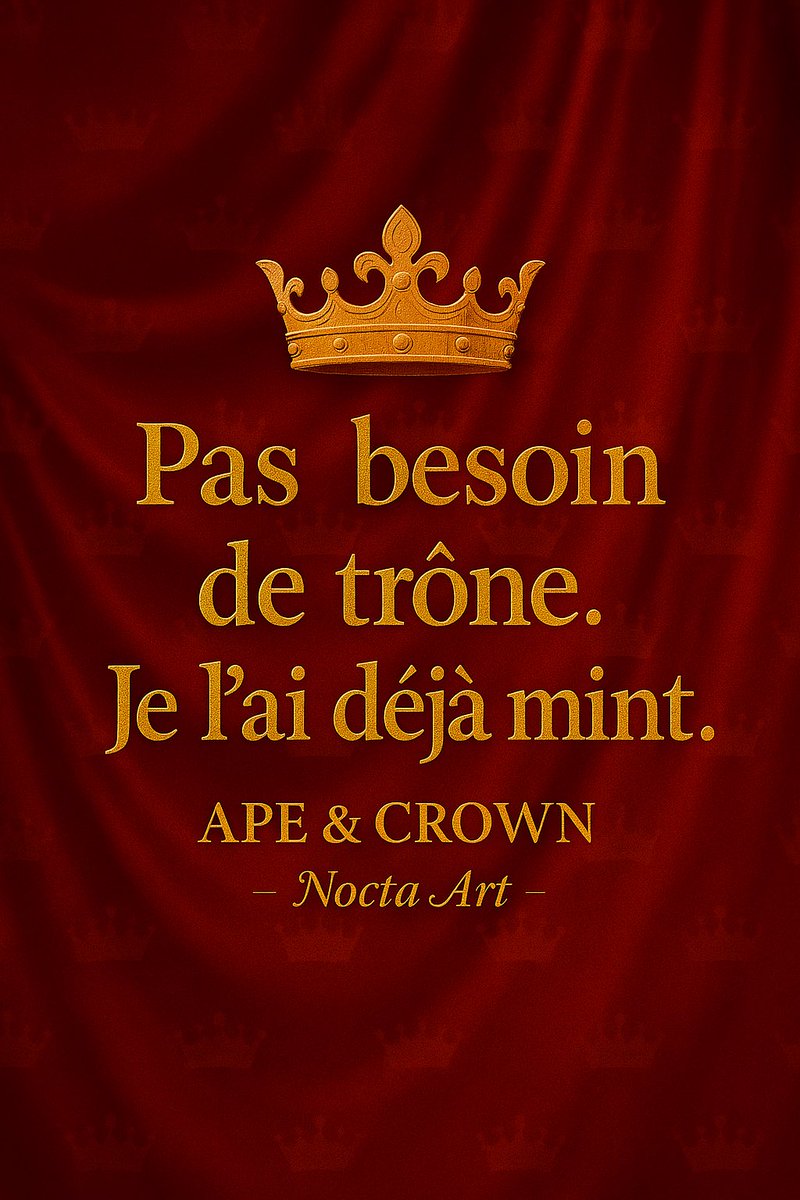 NoctaArt's tweet photo. J’suis pas là pour follow la tendance.
Je suis Nocta Art. Je crée des NFTs 1/1 en mode APE & CROWN : Luxe digital, satire piquante, et reines en lunettes noires.
Pas besoin de trône, je l’ai déjà mint.
Mint dispo ici 👇🏻
https://t.co/yJpxbDK8lx
#APEandCROWN #NFTQueen #NoctaArt https://t.co/f0YNjdF6X0