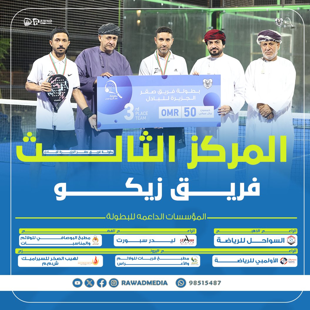 تعرف على اصحاب المراكز الثلاثة الأولى في بطولة فريق صقر الجزيرة للبادل ٢٠٢٥م…🏓🏆

المركز الاول..( فريق التضامن )
المراكز الثاني..( فريق أحمد )
المركز الثالث ..( فريق زيكو )

#رواد_ميديا 
#padel 
#البادل_تنس🎾 
#صقر_الجزيرة