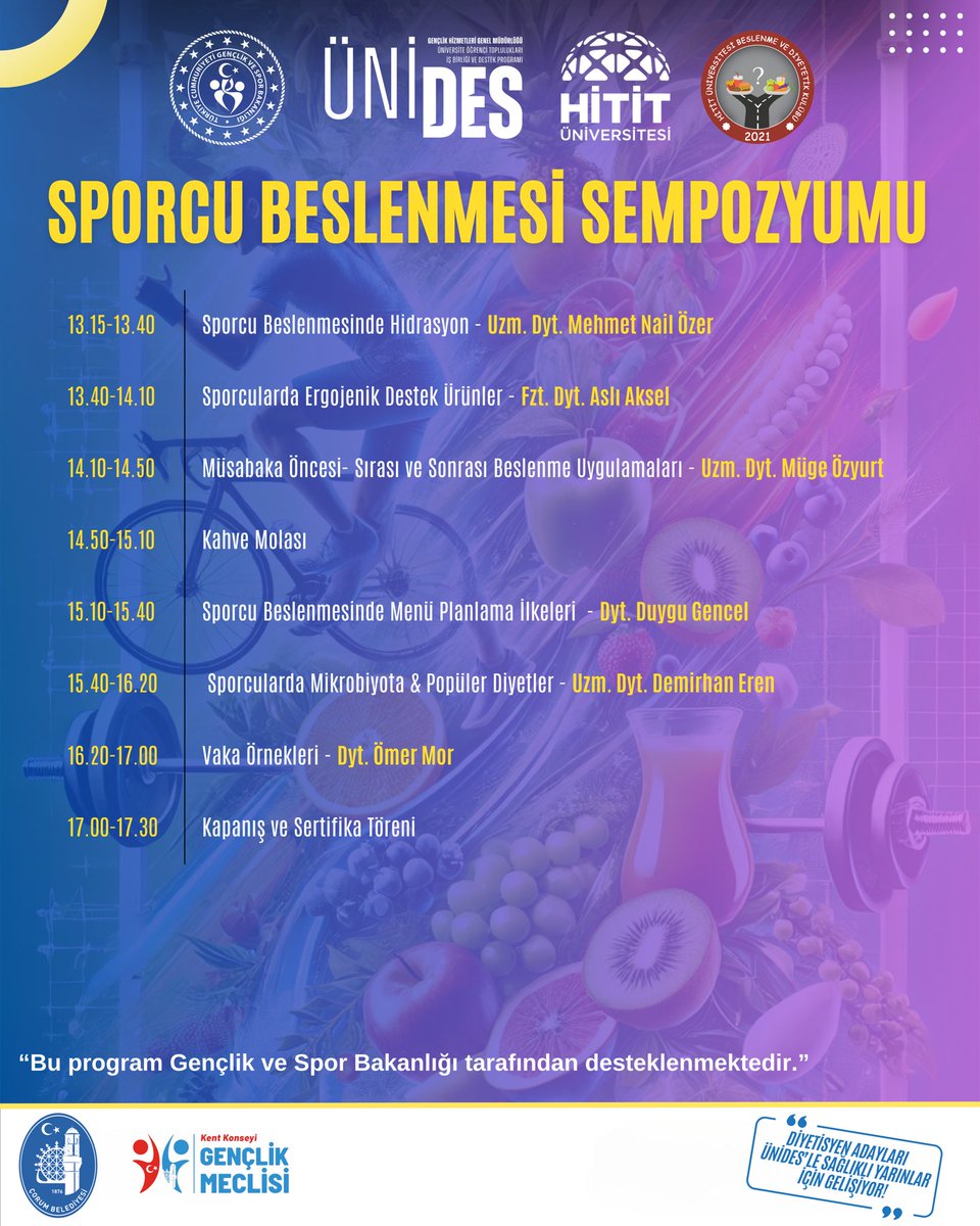 Diyetisyen adayları; sporcu beslenmesini derinlemesine öğrenmek üzere en temelinden ileri düzey uygulamalara kadar tüm detaylara değinilecek, spor dünyasında geçerli ve güncel bilgilerle donatılmış 11 oturumluk sempozyuma sizleri davet ediyoruz 
<a href="/HituKurumsal/">Hitit Üniversitesi</a> <a href="/ProfAliOzturk/">Ali Osman Öztürk</a>