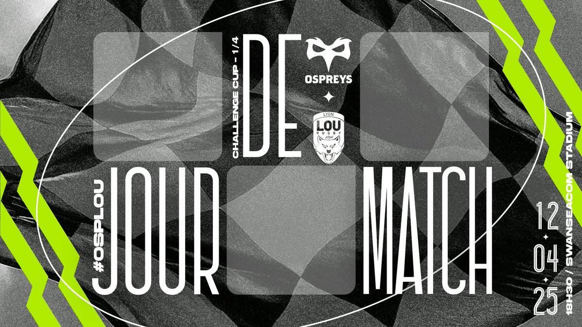 LOU Rugby (@lelourugby) on Twitter photo ⚔️ 𝐉𝐎𝐔𝐑 𝐃𝐄 𝐌𝐀𝐓𝐂𝐇
📆 1/4 de finale
🏆 <a href="/ChallengeCup_/">EPCR Challenge Cup</a>
🆚 Ospreys
🕘 18h30
🏟️ Swansea.com Stadium (Swansea, Pays de Galles)
📺 Sur beIN Max 7
📲 Sur l'appli officielle du LOU
🍻 Rdv chez nos amis de The Ruck Hotel, sur écran géant
.
#LaForceDuLOU
#LaMeute ⚔️ 𝐉𝐎𝐔𝐑 𝐃𝐄 𝐌𝐀𝐓𝐂𝐇
📆 1/4 de finale
🏆 <a href="/ChallengeCup_/">EPCR Challenge Cup</a>
🆚 Ospreys
🕘 18h30
🏟️ Swansea.com Stadium (Swansea, Pays de Galles)
📺 Sur beIN Max 7
📲 Sur l'appli officielle du LOU
🍻 Rdv chez nos amis de The Ruck Hotel, sur écran géant
.
#LaForceDuLOU
#LaMeute