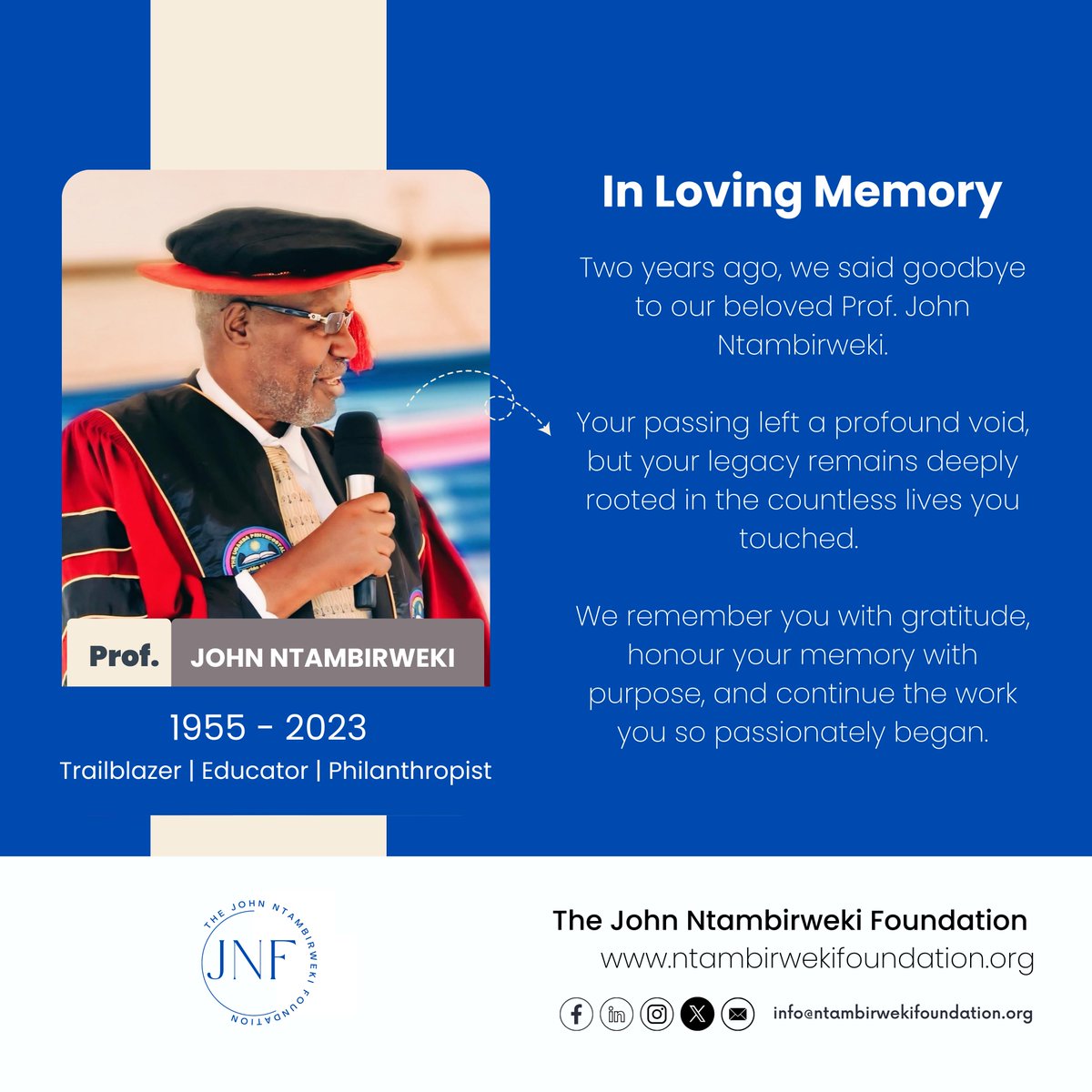 Two years ago, we said goodbye to our beloved Prof. John Ntambirweki.

Through his unwavering dedication to higher education, environmental law and international law, he shaped a generation of thinkers, advocates, and leaders. /1