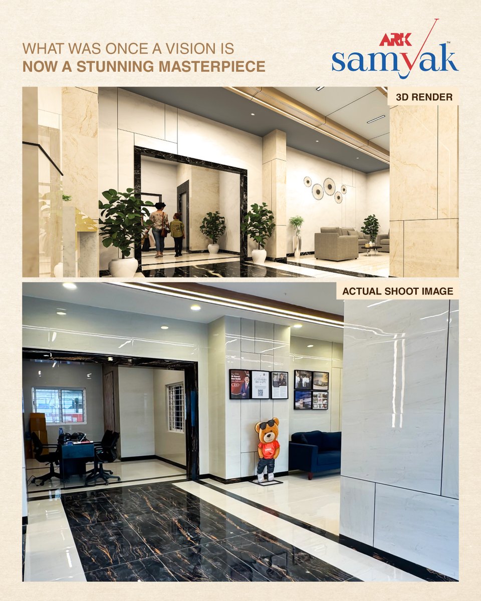 arkgroupindia's tweet photo. At Ark Group, We deliver exactly as we promise. Here is the render vs actual image of the lobby of Ark Samyak.
#ArkGroup #RealEstate #36YearsOfExcellence #ResidentialProjects #InfraProjects #IndustrialProjects #highquality #trust #samyakProgress #ArkSamyak #Qulity https://t.co/uA8vkLQBMT