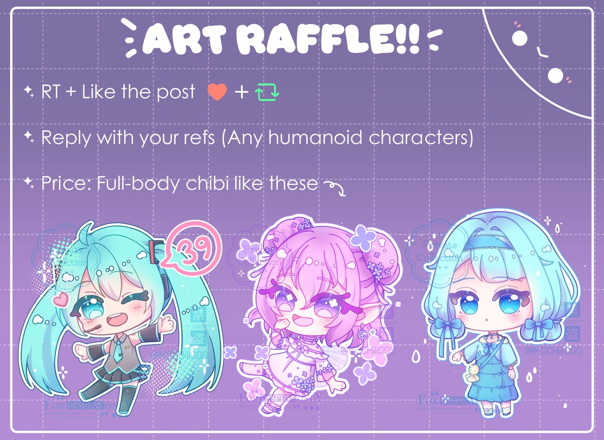mochiii_000_'s tweet image. ✨ART RAFFLE✨

I have reached over 100 reviews on VGen! Thank you all so much for the support! ♡⸜(˃ ᵕ ˂ )⸝ Celebrating this with an art raffle!

Picking 2 winners, each gets a full-body chibi!

To join:
🌟Like + repost
🌟Reply your ref (humanoid chara only)

Ends: April 17