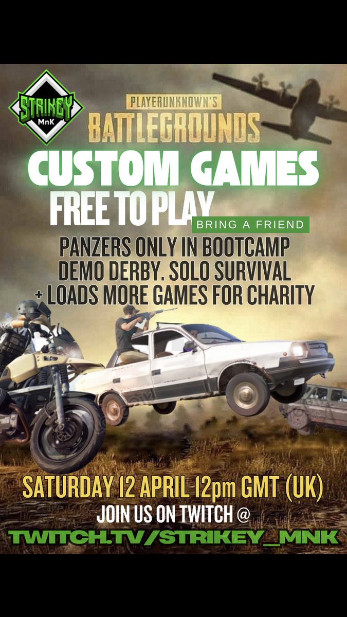 Today we have a charity stream starting at 12pm with custom games starting at 6pm (UK time) 

Just turning up will help us support a good cause “Gamers outreach Foundation”  who help supply gaming equipment, Go karts and more for children in hospitals. Twitch.tv/strikey_mnk