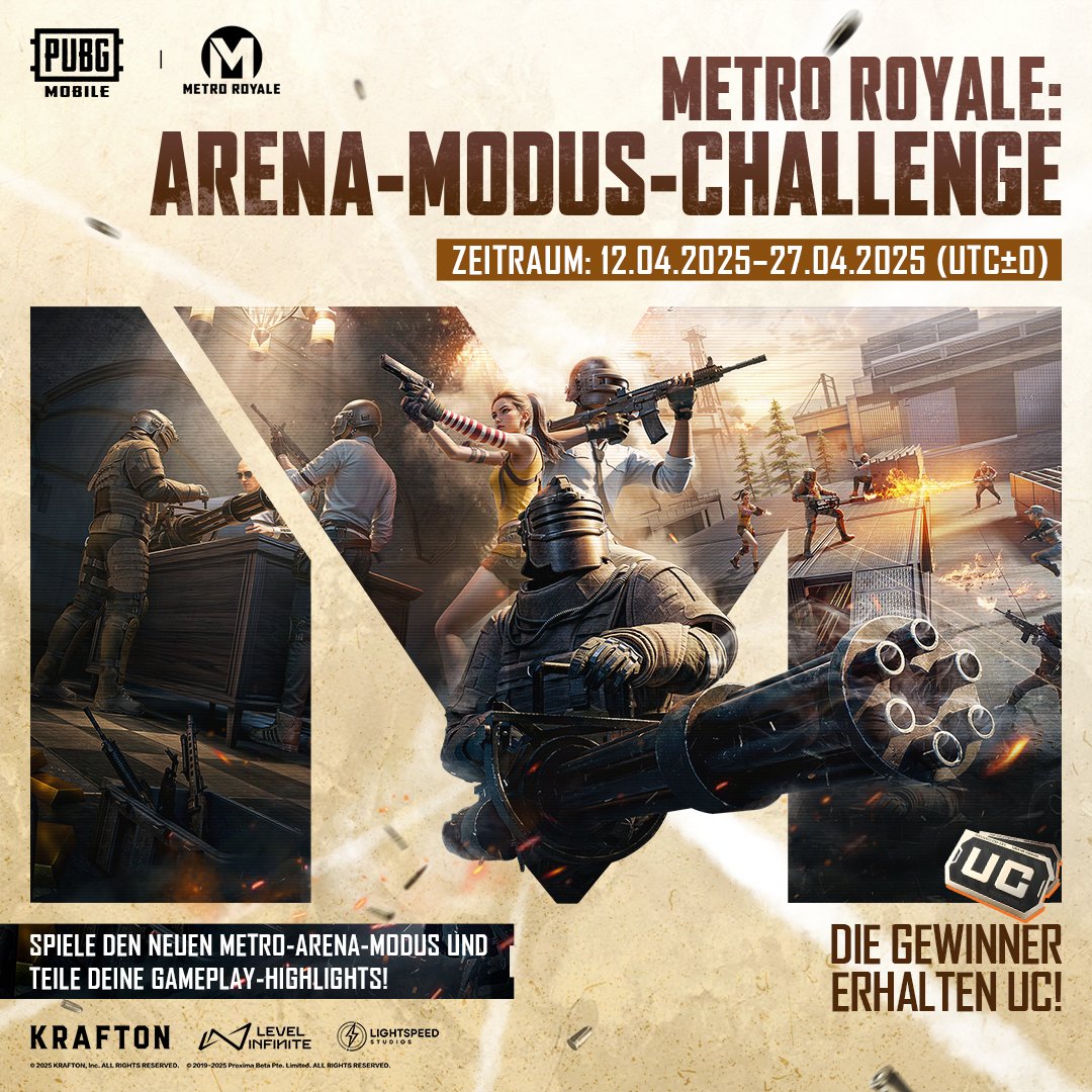 PUBGM_DE's tweet photo. 🔥Metro Royale: Arena Mode Challenge🔥
Spielt den neuen Metro Arena Modus und teil eure Highlights - so habt ihr die Chance UC zu gewinnnen!
Hier könnt ihr eure Videos einreichen: https://t.co/cwtKMKKEhp
#PUBGMOBILE
#ArenaModeChallenge https://t.co/5X7dLOneRz