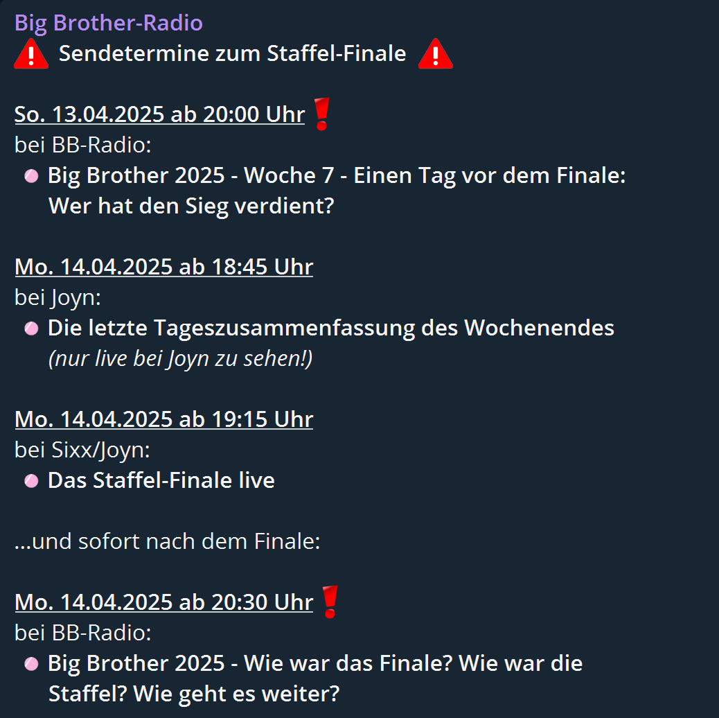 BigBrotherRadio's tweet photo. Wichtige Infos zum Staffel-Finale! - Bitte teilen!
#BigBrother #BigBrotherDE #BBde #BB2025 #Sommerhaus #SHDN https://t.co/ItuuBJiZYo
