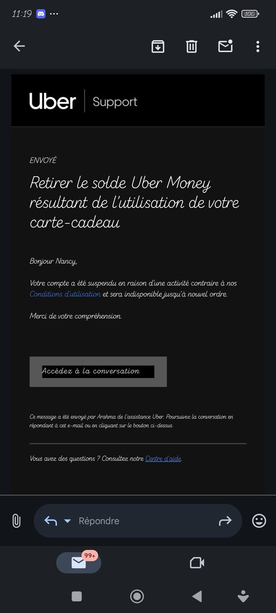 DaniBoulette's tweet photo. Bravo @ubereats_fr, tu demandes le retrait de ton Uber cash et en réponse, on suspend mon compte https://t.co/5UyUzSMTtX
