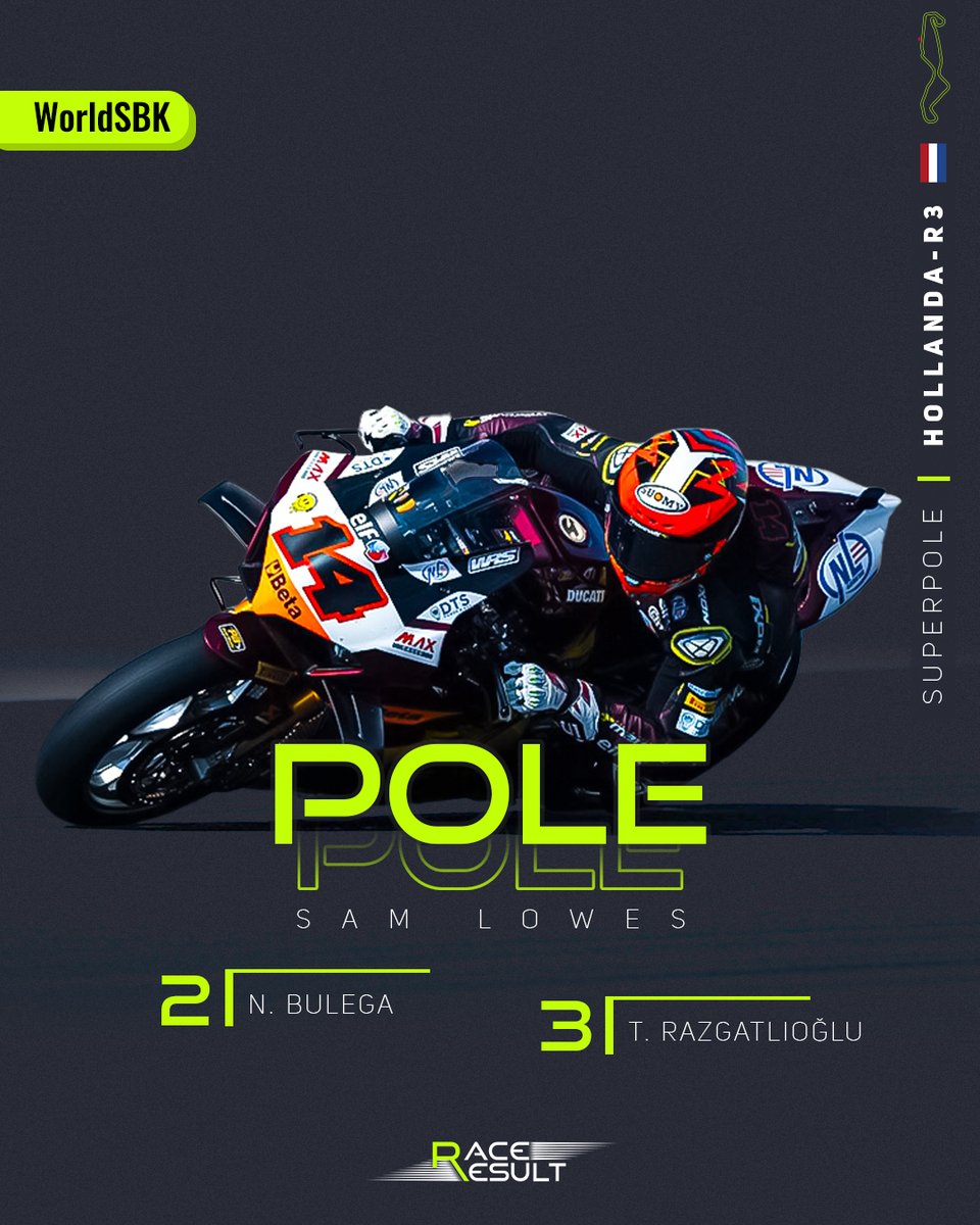 result_race's tweet photo. WorldSBK Hollanda'da pole, tur rekoruyla Sam Lowes'un! 🔥
📌 Nicolo Bulega 2, Toprak Razgatlıoğlu 3. oldu.
📌 Bahattin Sofuoğlu 1. yarışa 19. cepten başlayacak.
1. yarış bugün TSİ 15:00'te... 🕒
Detaylar için 👉 https://t.co/cmVthM08B9
#WorldSBK #DutchWorldSBK 🇳🇱 #SamLowes https://t.co/k1yGQ5OJFg