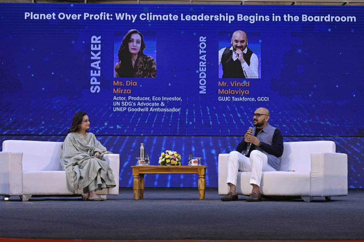 gccigate's tweet image. At GATE 2025, Dia Mirza (Actor, Producer, Eco Investor, UN SDG Advocate & UNEP Goodwill Ambassador) joined Vinod Malaviya (Chairman, GUJC Taskforce, GCCI) for a compelling talk on why climate leadership must begin in the boardroom.
#Sustainability #PlanetOverProfit @deespeak