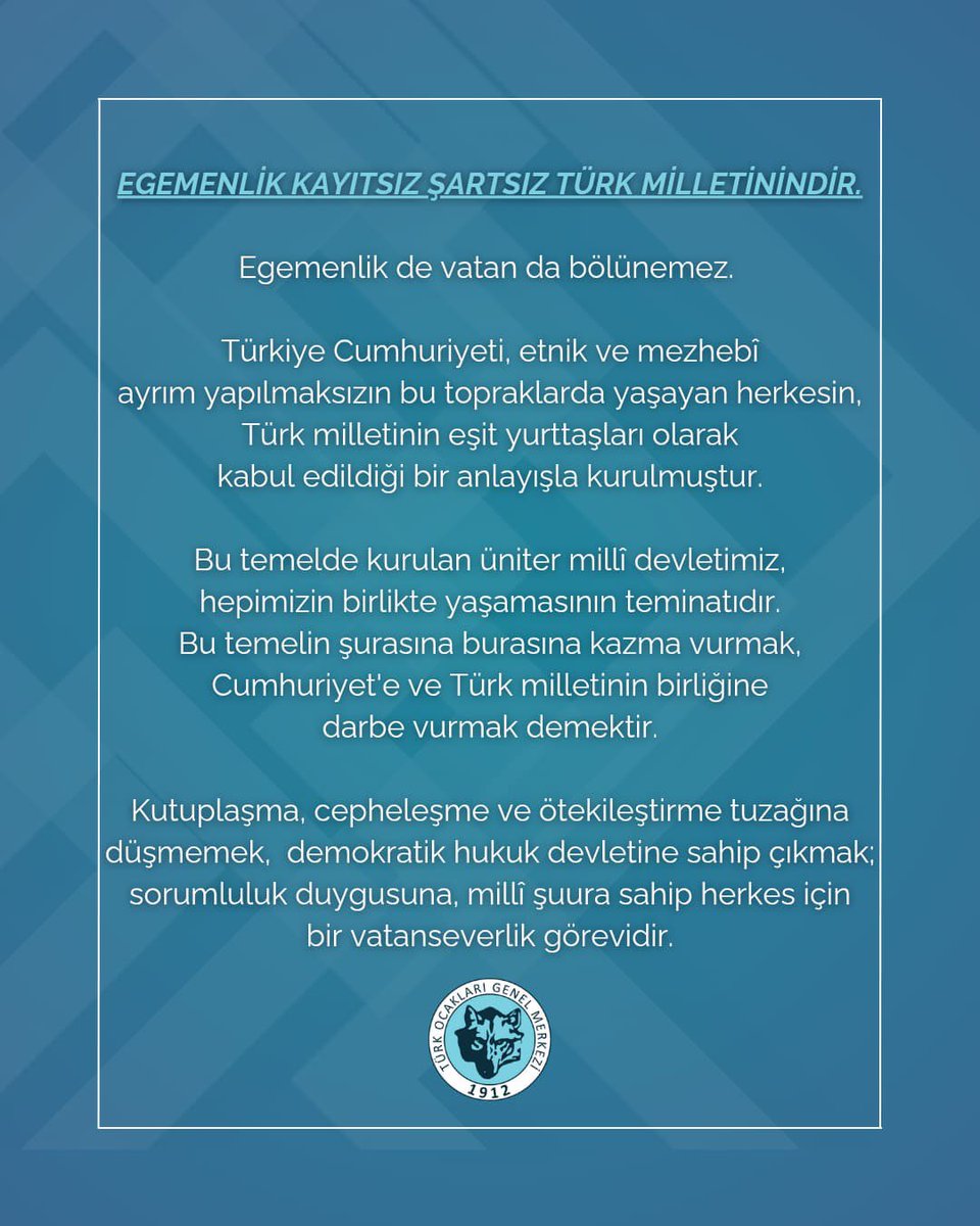 Egemenlik kayıtsız şartsız Türk milletinindir❗️

Egemenlik de vatan da bölünemez. 

Türkiye Cumhuriyeti, etnik ve mezhebî ayrım yapılmaksızın bu topraklarda yaşayan herkesin, Türk milletinin eşit yurttaşları olarak kabul edildiği bir anlayışla kurulmuştur.

Bu temelde kurulan