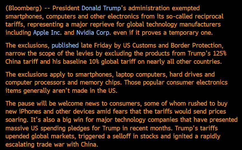 Trump exempting a significant part of Chinese exports to the US from tariffs (before negotiations have even started, and any concessions have been achieved) is a rather unusual negotiating strategy.

Nevertheless, it tells you something important: that we are reaching the limits