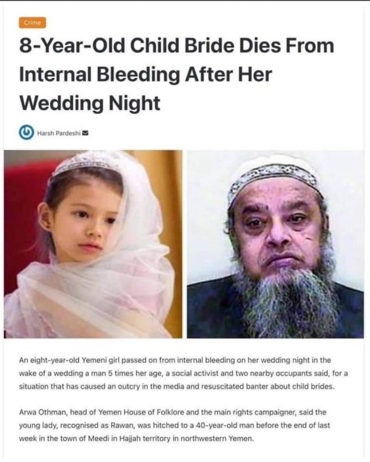 RobertoAvventu2's tweet photo. Bambina sposa di 8 anni muore per emorragia interna dopo la prima notte di nozze https://t.co/CLzPmig9D7