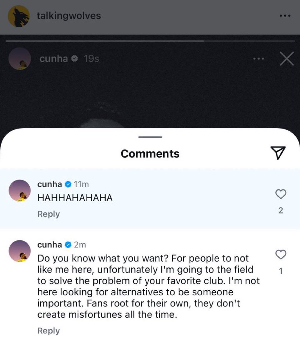 WWFCWOLFPACK's tweet photo. 🚨📲Cunha replying to @TalkingWolves on Instagram after his deleted story post on Instagram earlier today. #wolves #wwfc https://t.co/Xb6Y9DlALT
