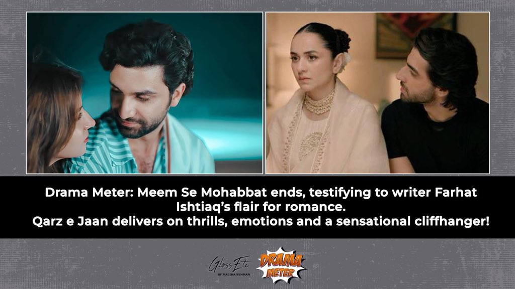 MalihaRehman's tweet photo. #GlossEtcDramaMeter; #MeemSeMohabbat’s final episode is testament to #FarhatIshtiaq & #AhadRazaMir’s flair for romance. #QarzeJaan brings on thrills with a riveting cliffhanger!
Also, #Daayan, #Faraar, #Dastak & #AeDil!
On #GlossEtcByMalihaRehman, YouTube
https://t.co/xGinV0a0Ya https://t.co/1FvY9cWIIF