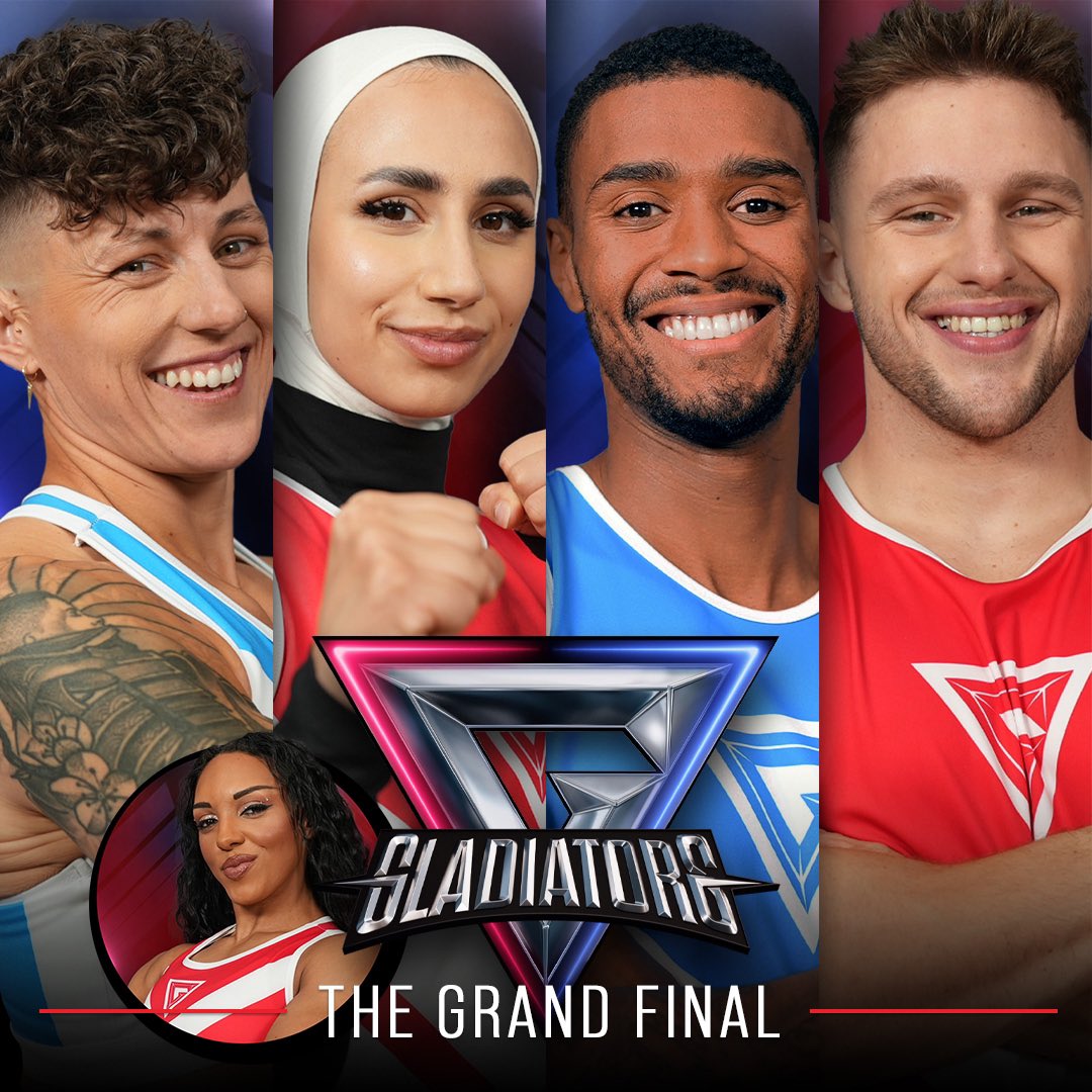 It’s the final countdown! Amanda, Aneila, Mus and Joe all battle it out to be crowned Gladiators champions 2025! 🔵🏆🔴

Not forgetting finalist Zavia who sadly had to withdraw due to injury.

Don’t miss the Grand Final of #Gladiators tonight at 5.50pm on BBC One &amp; iPlayer..