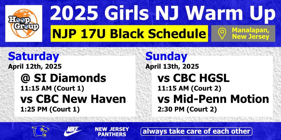 Schedule for Girls NJ Warm Up in Manalapan, NJ ! So excited, come check us out! <a href="/nj_panthers/">NJ Panthers</a>