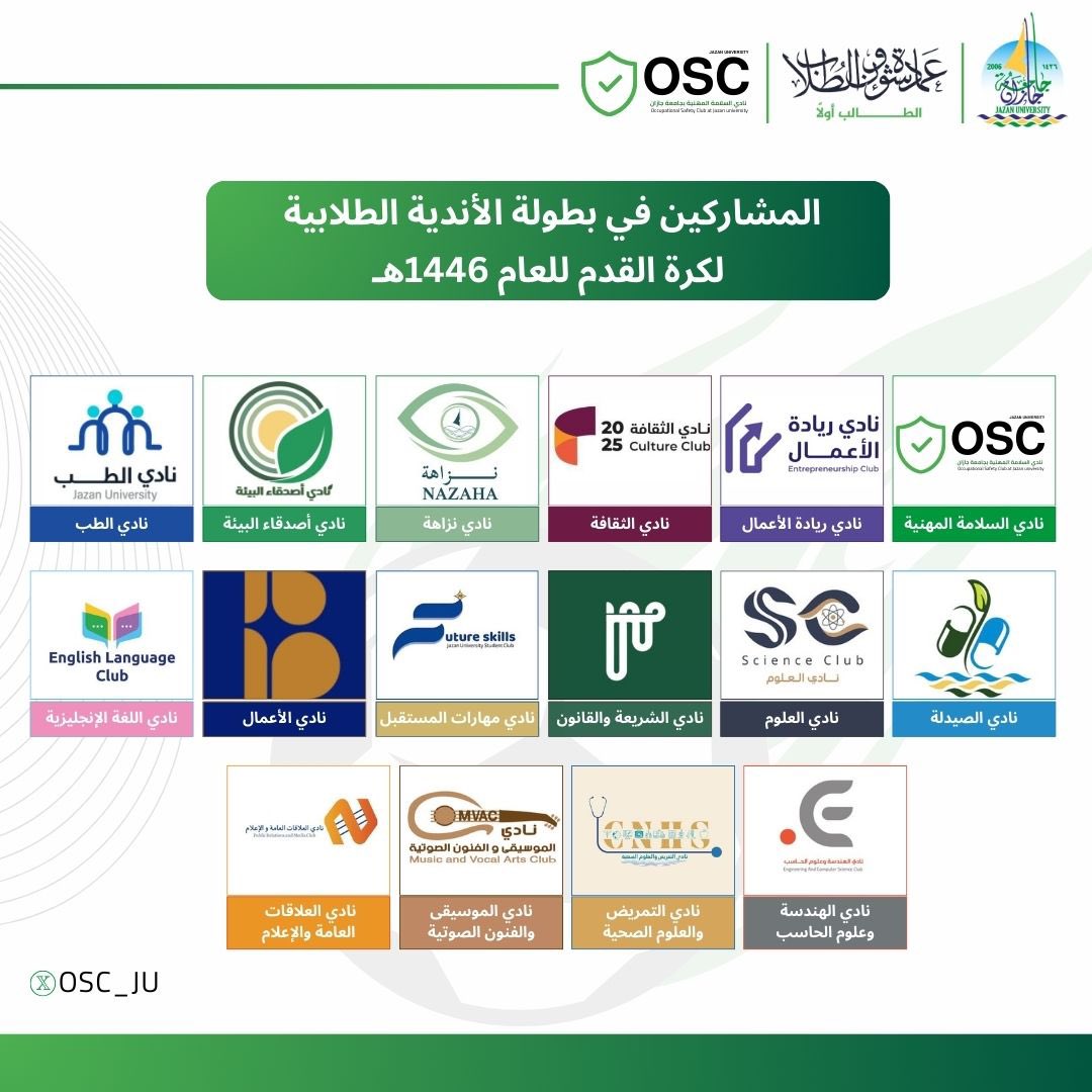 انطلقت أجواء التحدي والإثارة 🔥⚽️

تعرف على الأندية الطلابية المشاركة في بطولة  #عمادة_شؤون_الطلاب للأندية الطلابية لكرة القدم، حيث يجتمع الشغف الرياضي والروح التنافسية في منافسات مليئة بالحماس 💪🏻🤩.

ما قلت لنا من تتوقع يكون البطل 🫣؟

#جامعة_جازان
#نشاطكم_يميزنا 
#سلامتك_قرارك