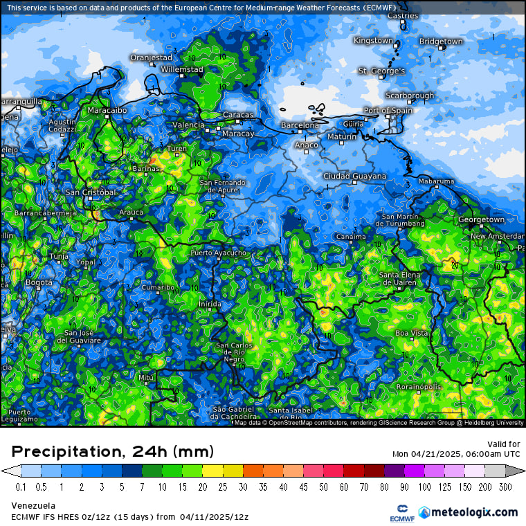 Domingo de Resurrección . Ya la vaguada se ubica en los llanos y  los Andes con remanentes en Carabobo  Yaracuy 
Ya el oriente del pais y este de la region capital ya pocas lluvias
Seguira el sur de Bolívar y Amazonas con moderadas lluvias .