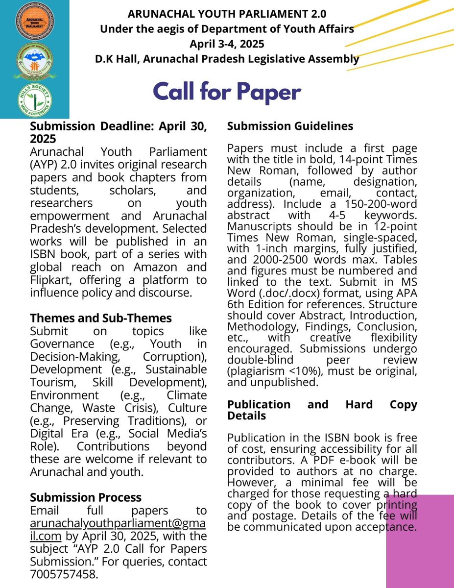 Call for Chapters/ Papers! 

We invite Articles, Book chapters, reviews, articles, Research Papers, &amp; more for AYP 2nd Edition (ISBN book). AYP 2.0 presenters, turn your topics into articles! Submit innovative ideas for policymakers. Details in poster.

#AYP2025