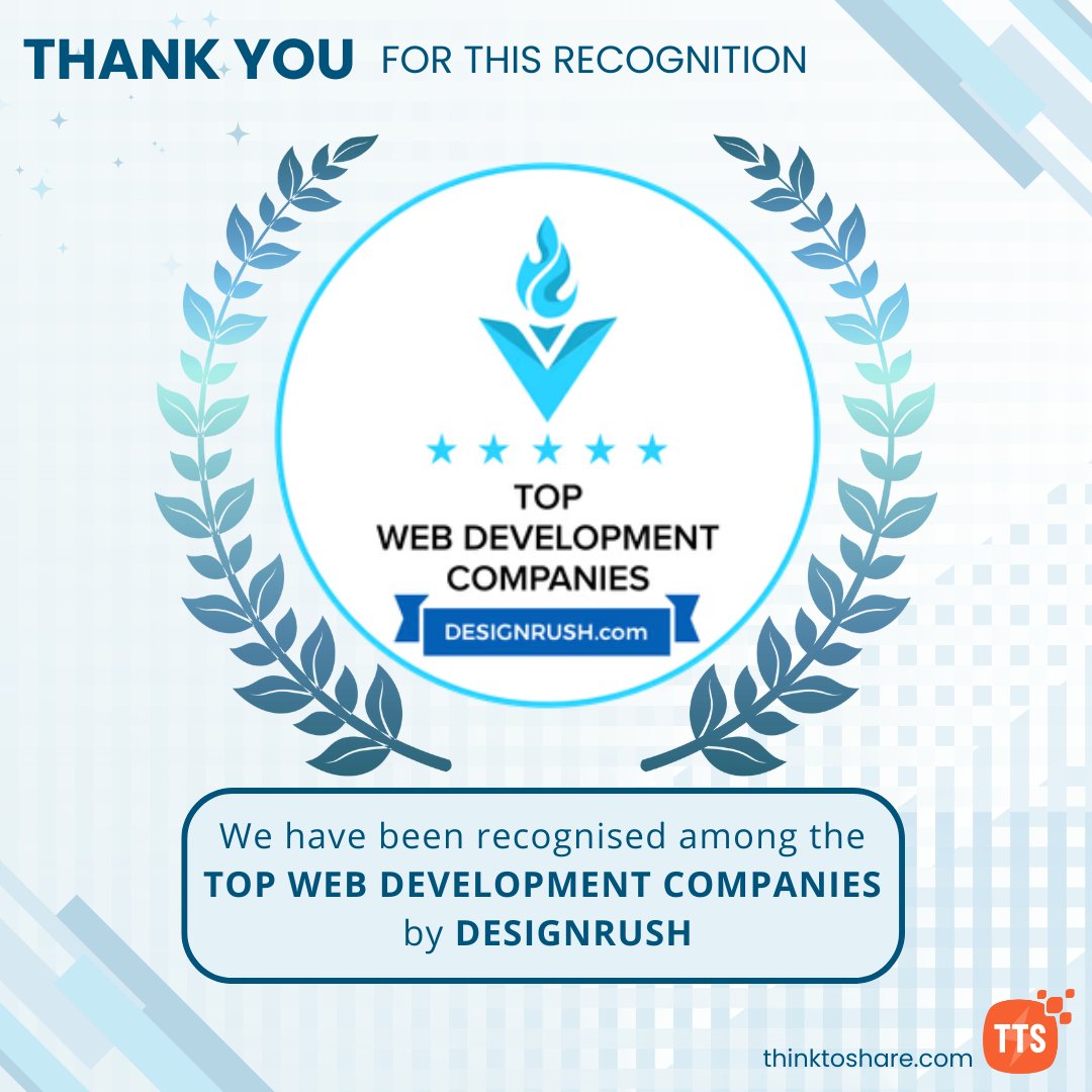 think_to_share's tweet photo. 🎉🏆 We’ve Been Recognised! 🏆🎉

We’re proud to share that Think To Share IT Solutions has been named among the TOP WEB DEVELOPMENT COMPANIES by DesignRush!

#DesignRush #WebDevelopment #TechInnovation #AIIntegration #CloudSolutions #WebDesign #TechLeaders #TopWebDevelopers https://t.co/TmllX9APpG