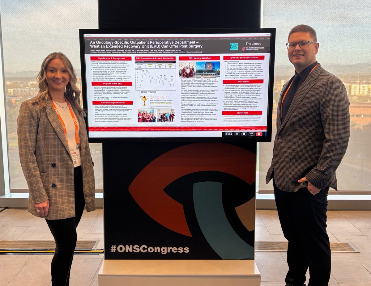 colleen1206's tweet photo. Megan Hunter and Justin Kelly, James nurses presenting their work at #ONSCongress on extended care unit postop. @oncologynursing @OSUCCC_James @CCONS614 https://t.co/hcwjITnICx