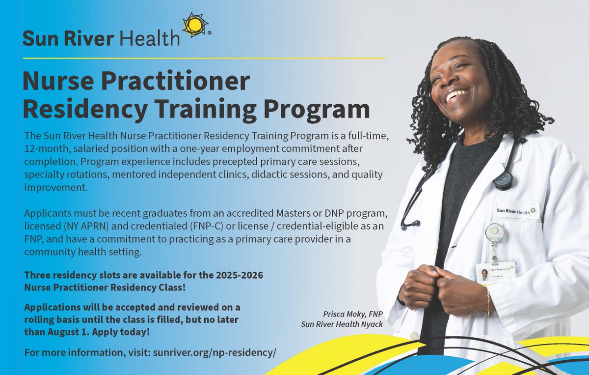 sunriverhealth's tweet image. Applications are now open for the FNP residency program here at Sun River Health. Share with your friends and colleagues who are interested in this opportunity.
For more information, visit: sunriver.org/np-residency/