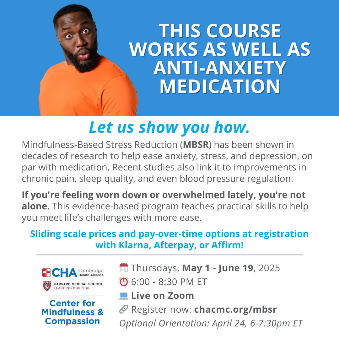 This course works as well as anti-anxiety meds.
MBSR is backed by decades of research showing benefits for stress, anxiety, sleep, and more.
Starts May 1 | Live on Zoom
💸 Sliding scale + payment plans
🔗 chacmc.org/mbsr
#Mindfulness #MBSR #StressRelief