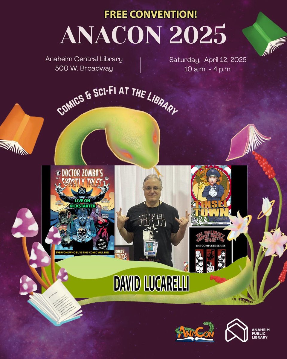 DavidLucarelli's tweet photo. Today! Come see me and more than 30 other comic creators at a FREE Convention @anaheimlibrary #anacon2025 #anaheimlibrary #centrallibrary https://t.co/Y33y84EYWa