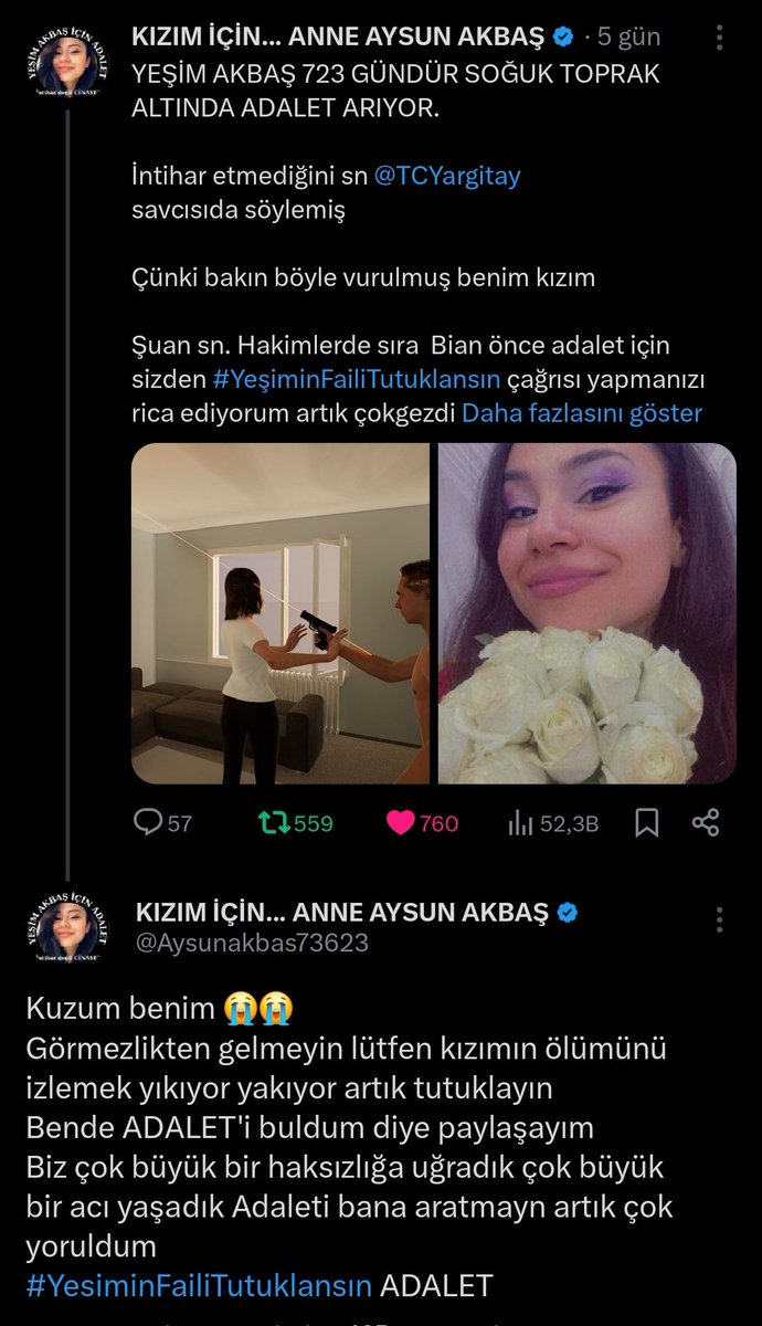 Aysun anne 728 gündür intihar süsü verilen kızı için adalet arıyor. Taglemediği tek bir ünlü, siyasetçi, fenomen kalmadı. 728 gün. Raporlar çıkarıldı, çalışmalar yapıldı ama nedense ünlü desteği yok denecek kadar az ve bu kadın beni görün diye yalvarıyor #YeşiminFailiTutuklansın