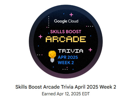 Diptiverma2027's tweet photo. ๐ Just earned the Google Cloud Skills Boost Arcade Trivia - April 2025 Week 2 badge! ๐น๏ธ๐ก
Loving the mix of tech and trivia in this arcade challenge. Learning cloud, one level at a time! โ๏ธ๐
#GoogleCloud #CloudSkillsBoost #ArcadeTrivia #LifelongLearning #GoogleCloudArcade https://t.co/FJv1sNMHWk