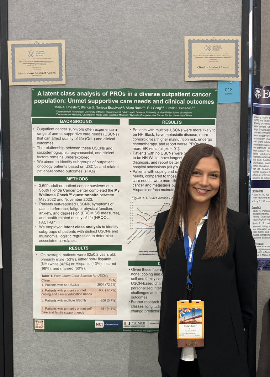 maiachester's tweet photo. Excited to share that our poster on a latent class analysis of PROs via My Wellness Check received a Citation Abstract Award and Meritorious Abstract Award at @BehavioralMed #SBM2025! @SylvesterCancer @umiamimedicine @UMiamiPsych https://t.co/CQQO5MlwQx
