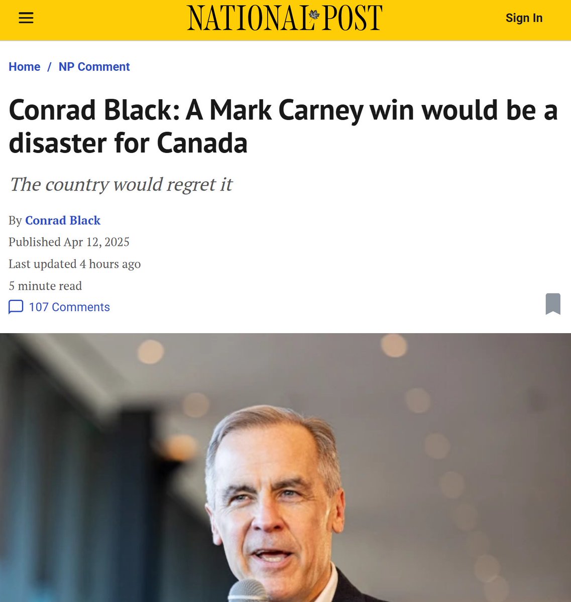cbcwatcher's tweet photo. "Canada is perilously close to the greatest electoral disaster in its history. A Liberal victory would commit the country to the deliberate pursuit of comparative poverty to reduce Canada’s minimal contribution to the fear of a rise in the world’s temperature due to carbon use. This is insane and must not happen." @ConradMBlack  https://t.co/o1QOV30bzo