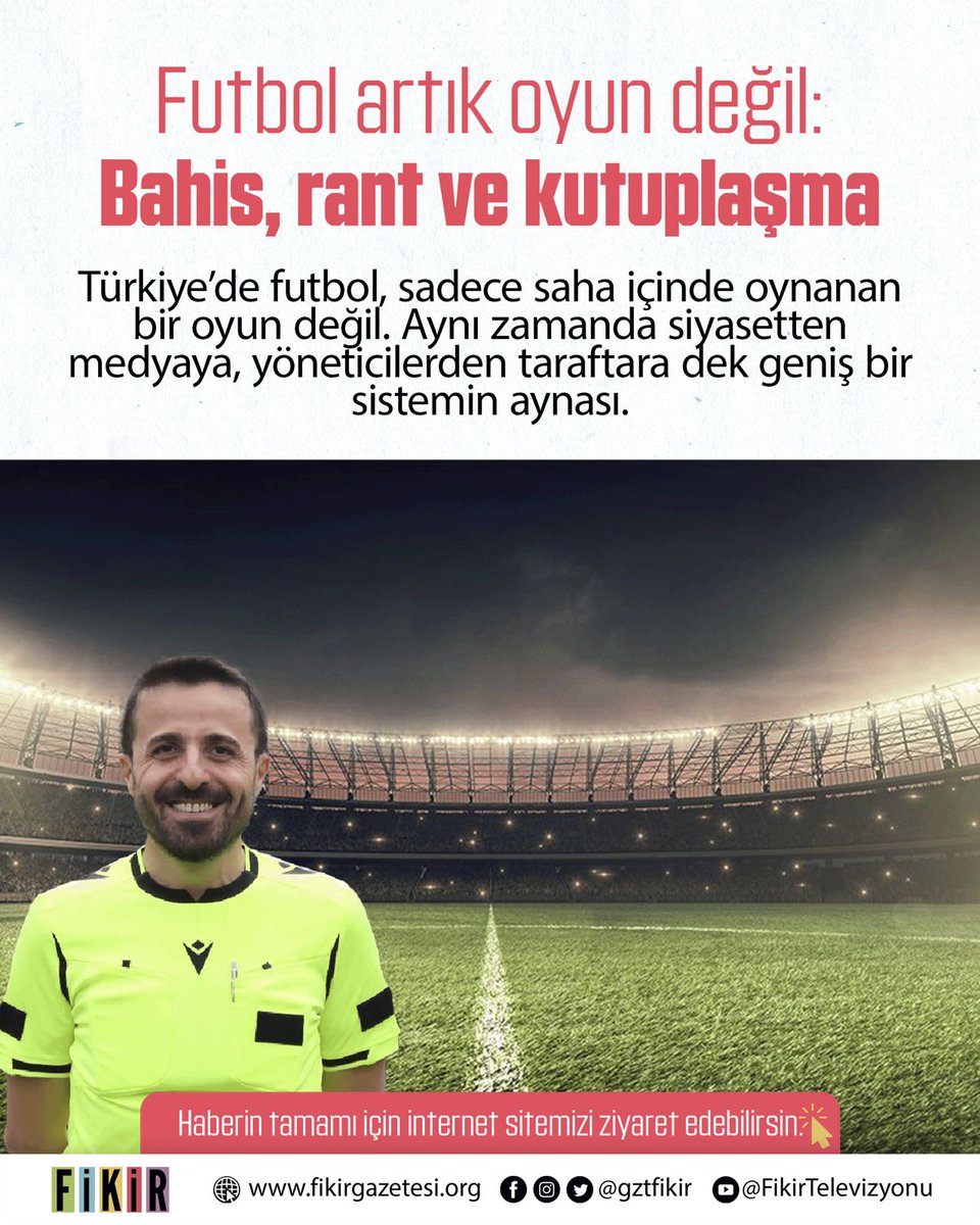 ⚽️ Futbol artık oyun değil: Bahis, rant ve kutuplaşma

💬 Hakem Halil İbrahim Dinçdağ: “Futbolu bu hale getiren yapı: Bahis, medya, yöneticiler ve taraftarın suskunluğu”

fikirgazetesi.org/2025/04/12/fut…