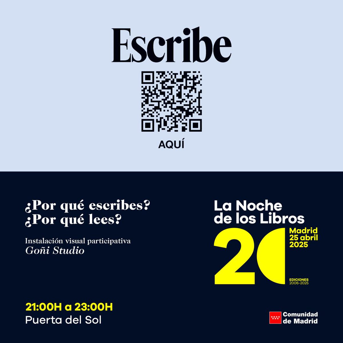 ComunidadMadrid's tweet image. 👉 ¿Por qué escribes?
👉 ¿Por qué lees? 

🌗 Envía tus respuestas de solo 5 palabras y las podrás ver proyectadas en la Puerta del Sol el viernes 25 de abril, durante la Noche de los Libros.

¡Participa en #Los20deLNL!
#MadridEsCultura 

+Info: c.madrid/kc5l71