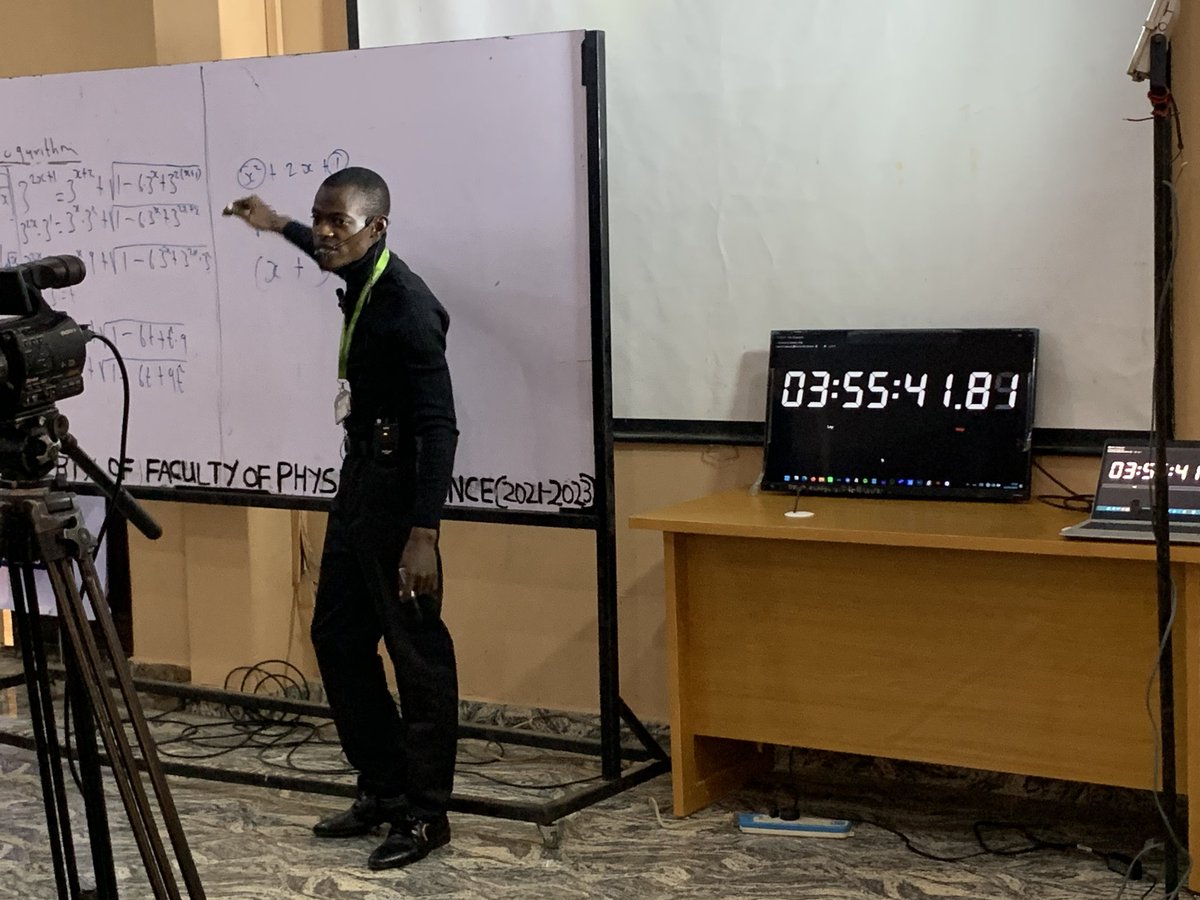 A 400-level student from the Department of Mathematics, University of Ilorin, Kazeem Akanbi Sanusi, is attempting to break the <a href="/GWR/">Guinness World Records</a> record for the 'Longest Mathematics Lesson'.

3 hours down, with 27 to go! His target is 30 hours.