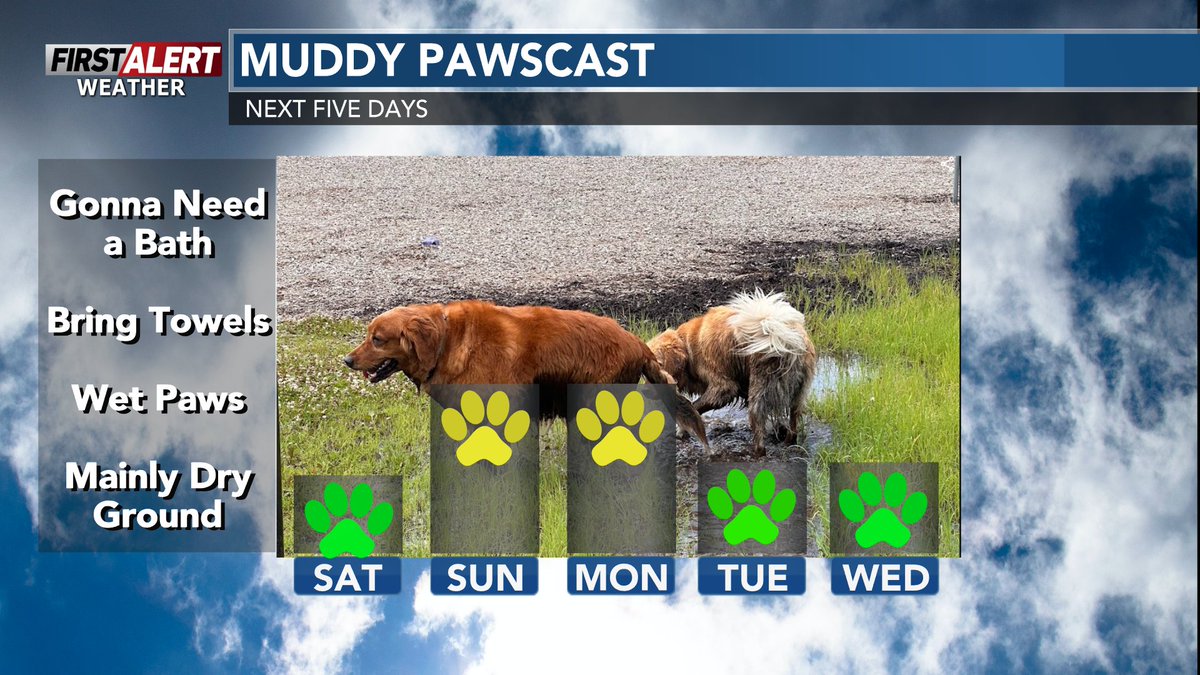 Chad_WSAW's tweet photo. Muddy #Pawscast-
#Spring temps return with a dry start to the weekend as showers look to make a return to #Wisconsin tomorrow and Monday. Overall, expect mainly dry paws today with wet paws likely Sunday and Monday. https://t.co/Z617TCg2II