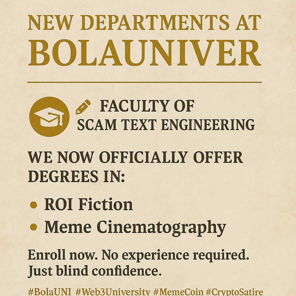 BolaUNIVERSITY's tweet photo. 🎓 New Departments at BOLAUNIVER just dropped:

📝 Faculty of Scam-Text Engineering

We now officially offer degrees in:
– ROI Fiction
– Meme Cinematography

Enroll now.
No experience required. Just blind confidence.
#BolaUNI #Web3University #memecoin  #CryptoSatire https://t.co/DO3GRCB2Za