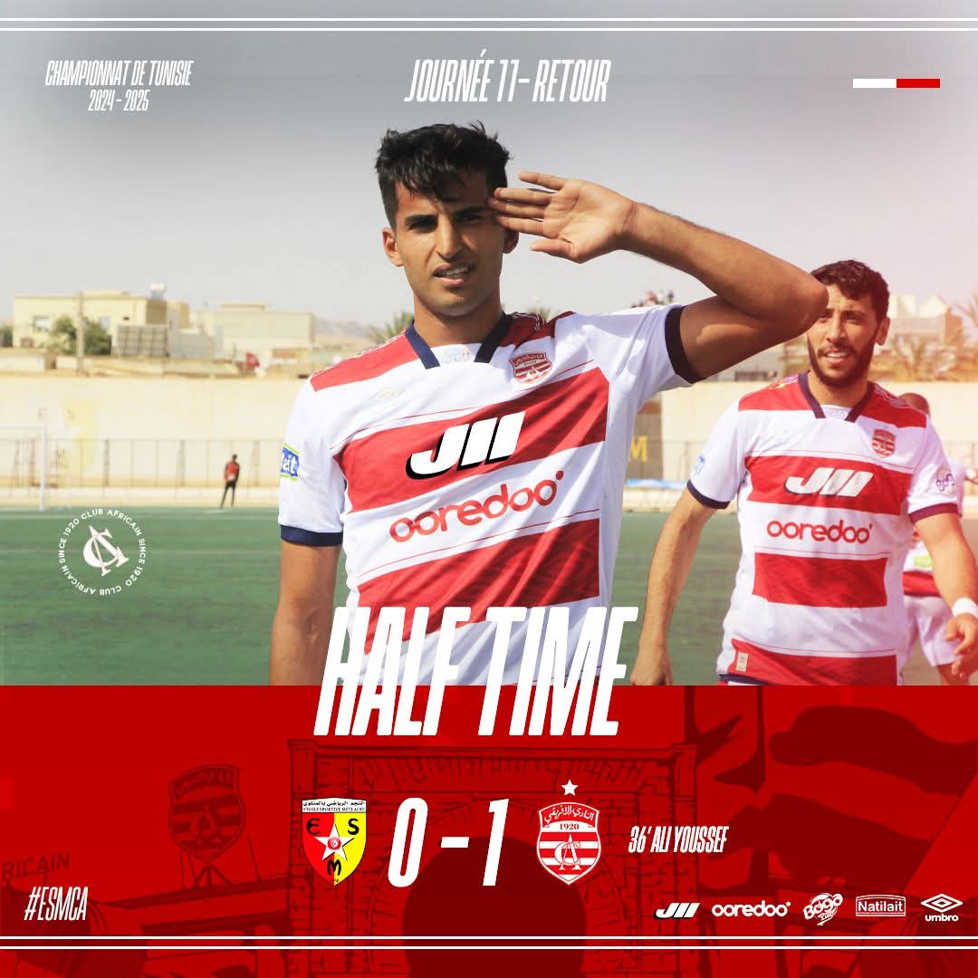 clubafricain's tweet photo. 🔚 نهاية الشوط الأوّل ⏲️ |
#ESMCA  
   نجم المتلوي   0 - 1    #النادي_الإفريقي
⚽- 36' |  - علي يوسف -
#ForzaCA 🇵🇪 #الإفريقي_تعيش https://t.co/lyM9zC8bQQ