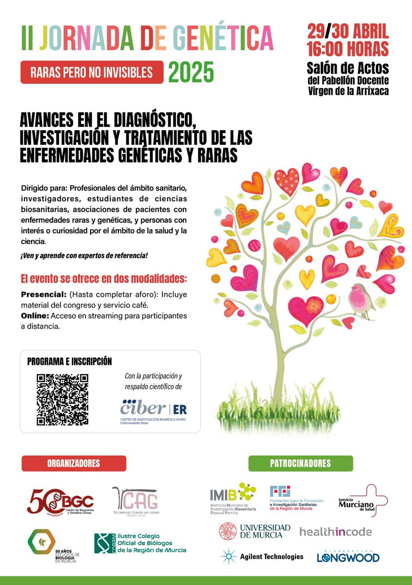 Para celebrar el #DiadelADN2025, hemos organizado la II Jornada de Genética en Murcia <a href="/Murciasalud/">Murciasalud</a> <a href="/AreaUnoArrixaca/">Área 1 Arrixaca</a> <a href="/IMIB_RMurcia/">Instituto Murciano de Investigación Biosanitaria</a> <a href="/FFIS_CARM/">Fundación FFIS</a> @CIBERER <a href="/FEDER_ONG/">FEDER | Enfermedades Raras</a> <a href="/BioRegMur/">Colegio Oficial de Biólogos de la Región de Murcia</a>. Os esperamos!! La inscripción es gratuita #EnfermedadesRaras.