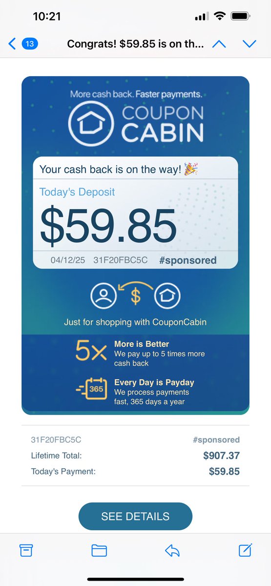 cmullaney92's tweet photo. Another cash back payout from @CouponCabin!! https://t.co/FvMzJD8Skc
