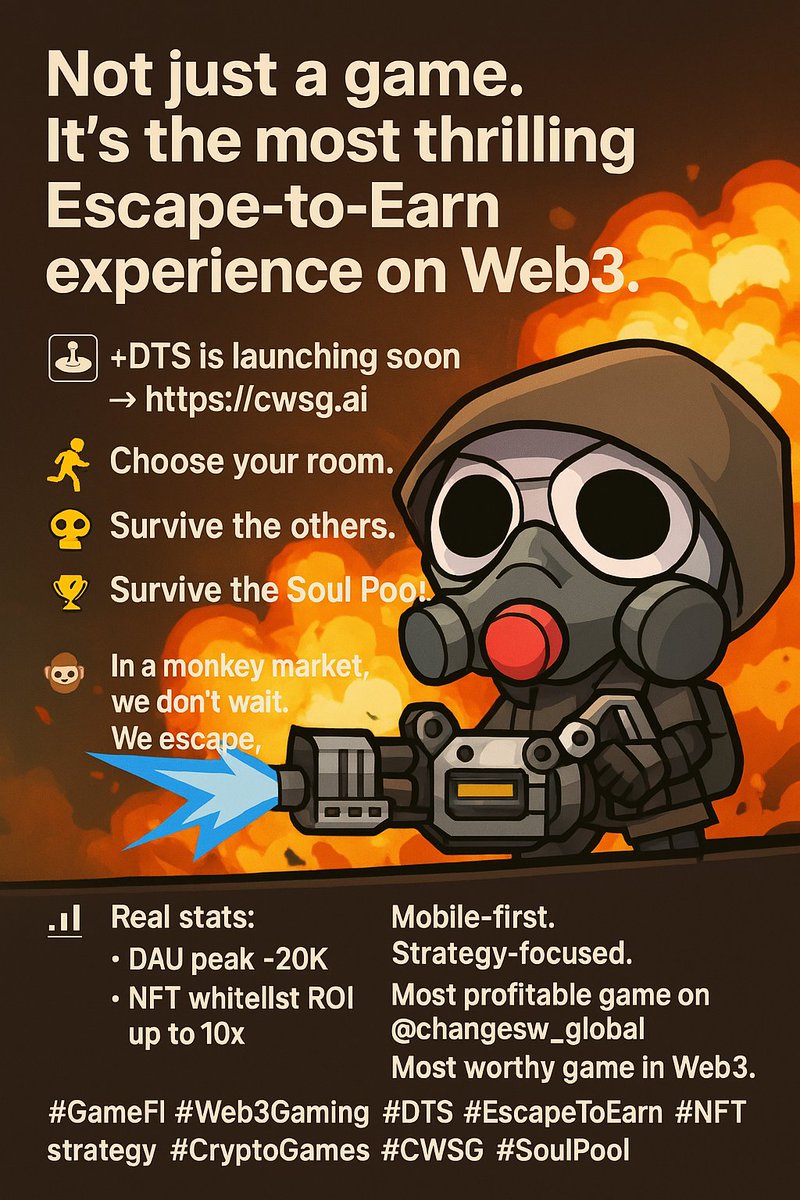 changesw_global's tweet photo. Not just a game.
It’s the most thrilling Escape-to-Earn experience on Web3.
🕹️ #DTS is launching soon → https://t.co/1msZTwULZS
🏃‍♂️ Choose your room.
🧠 Outsmart the others.
🏆 Survive the Soul Pool.
🐒 In a monkey market, we don’t wait.
We escape, earn, and trade like DGens.
📈 Real stats:
• DAU peak ~20K
• NFT whitelist ROI up to 10x
📱 Mobile-first. Strategy-focused.
Most profitable game on @changesw_global
Most worthy game in Web3. Period.

#GameFi #Web3Gaming #DTS #EscapeToEarn #NFTstrategy #CryptoGames #CWSG #SoulPool